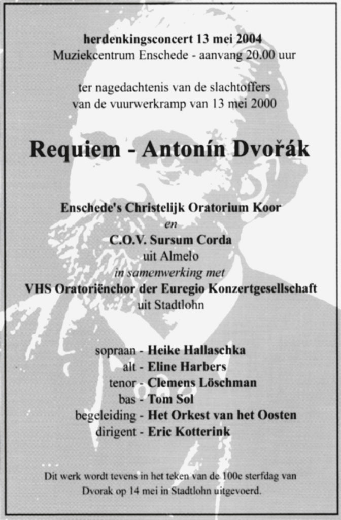 Aankondiging van het concert op 13 mei 2004 ter nagedachtenis van de slachtoffers van de vuurwerkramp van 13 mei 2000.